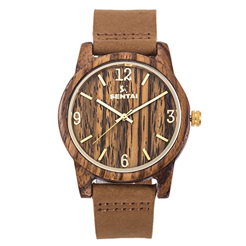 Sentai Reloj de Madera Reloj de Pulsera de Cuarzo Japonés con Correa de Cuero para Hombres y Mujeres