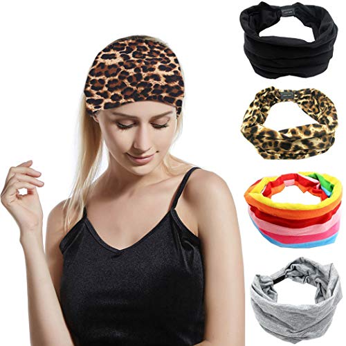 Sethexy Amplio Elástico Diademas Yoga Envoltura de la cabeza Estampado de leopardo Banda para el cabello 4 piezas Raya Pañuelo Corriendo Deportes Banda para la cabeza para mujeres y niñas