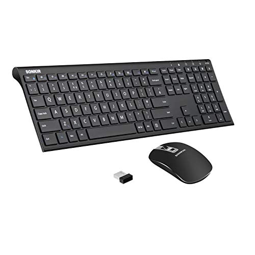 Sonkir K-18 Combo Teclado y Ratón, 2.4 GHz Ultra Delgado Recargable Inalámbrico Teclado con Película Protectora, 3 Ajustable DPI Ratón, Disposición QWERTY Español, Windows/Portátil/PC, Negro