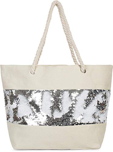 styleBREAKER Bolso para la Playa XXL de Mujer con Lentejuelas Reversibles y Cremallera, Bolso de Hombro, Bolso para Compras 02012280, Color:Beige/Blanco-Plata