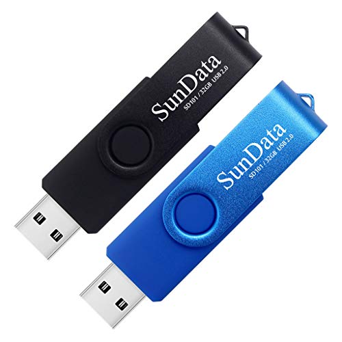 SunData 32GB Memorias USB 2 Piezas PenDrives 32GB Unidad Flash USB2.0 Giratoria Pen Drive con Luz LED (2 Colores: Negro Azul)