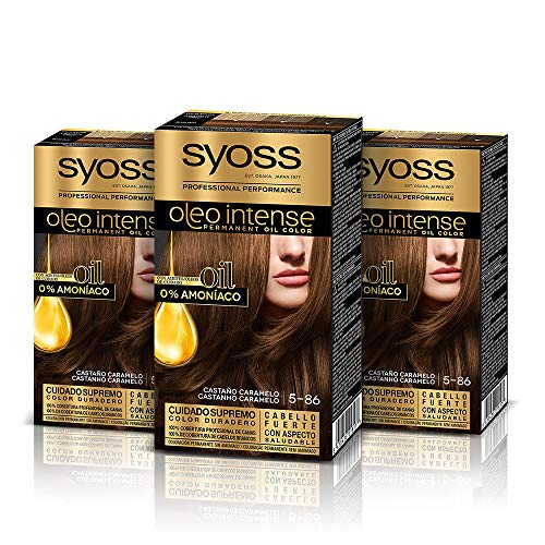 Syoss Oleo Intense - Tono 5-86 Castaño Caramelo (Pack De 3) – Coloración permanente sin amoníaco – Resultados de peluquería – Cobertura profesional de canas