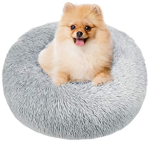 TAMOWA Cama Perro Suave Cama Gato Redonda, Camas de Gatos Perros de Donut con Parte Inferior Antideslizante, Cómodo Suave y Cálida Cama para Mascotas Gatos y Perros Pequeños, 80cm, Gris Claro