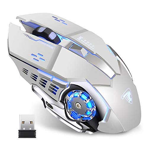 TENMOS T85 Raton Inalambrico Gaming,2.4G USB LED Recargable Inalámbrico silencioso óptico, Sleep Automático, Mango Ergonómico, 3 dpi Ajustable, 6 Botones para Mac/PC/Portatil/Ordenador (Plata)