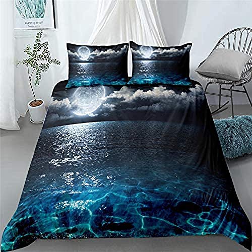 Teqoasiy Juego De Cama De 3 Piezas Noche Luna Nubes Mar Paisaje (220 X 230 Cm) Algodón Poliéster Con 1 X Funda De Edredón 2 Fundas De Almohada Textil Suave Y Fácil De Cuidar Dormitorio Lavable A Máqui