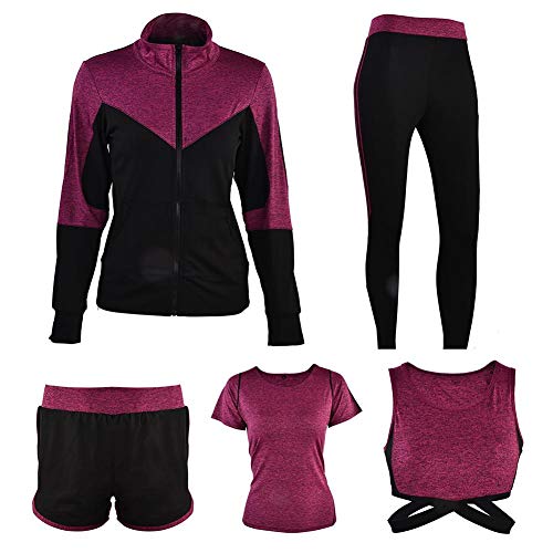 Tihebeyan Conjuntos de Traje de Yoga para Mujer, 5 Piezas Conjunto de Traje Deportivo para Mujer Yoga Bra + Chaqueta + Pantalones Cortos + Pantalones Largos(L-Morado)