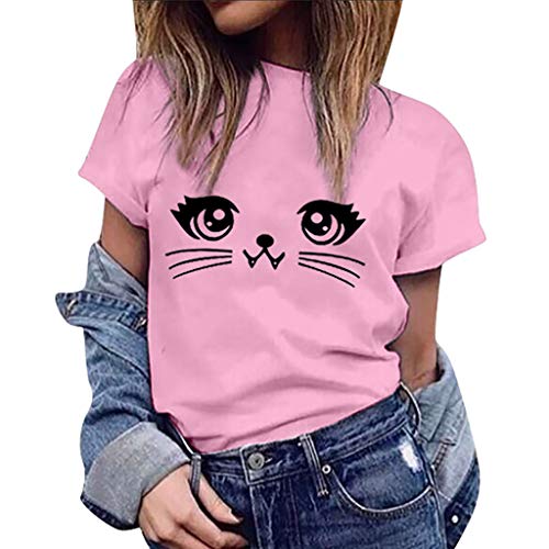 Top de Camiseta para Mujer, riou Top con Estampado de Gato de Verano ImpresióN Casua Elegantes Suelto Primavera Camisa Manga Corta Moda Redondo Cuello T Shirt