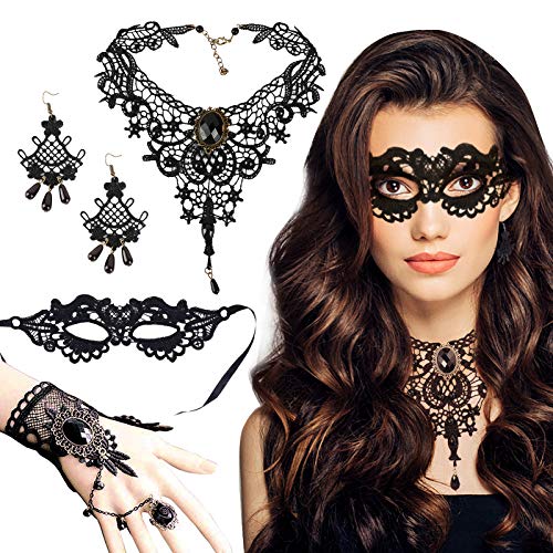 UFLF Accesorios para Disfraz Kit, Collar Gótico Negro+Pendientes Vintaje+Pulseras Guantes Góticos+Máscara Suministros para Disfraces Fiesta Tématica Cosplay Baile Chica Mujer