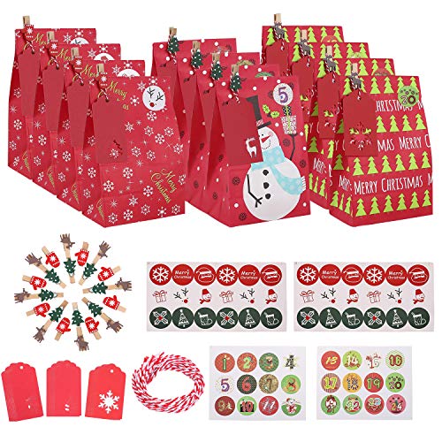 Ulikey 30 pcs Calendario de Adviento Navidad, Bolsa de Regalo, Papel Regalo Bolsas con Pegatinas, Bolsas para Regalos de Boda Bolsas de Papel Kraft para Niños Suministros Fiesta de Cumpleaños (A)