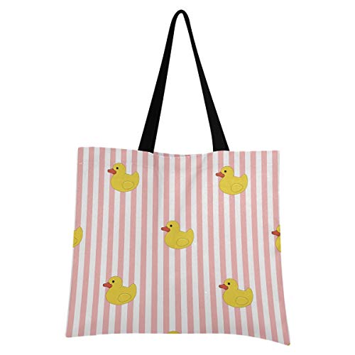 UMIRIKO Bolsa de lona con diseño de pato amarillo a rayas rosadas reutilizables, bolsa de compras para mujer 2021295