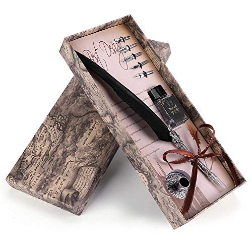 Vbestlife Pluma de Plumas de Tinta Retro Clásica Pluma de Escritura de Inmersión Hecha a Mano Pluma de Caligrafía de Caja de Regalo de para la Navidad y Valentine(Negro)