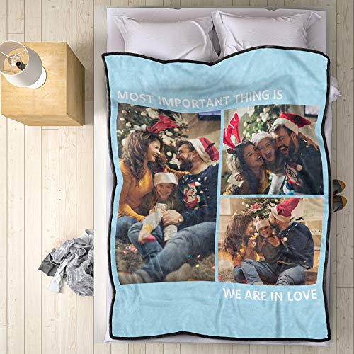 VEELU Manta Personalizada Tres Fotos Graba Texto Mantas de Lana Personalizadas Cálidas de Invierno - Regalos de Foto de Cumpleaños de Boda Bebé Naciendo Pareja Sofá Cama 152 x 203cm