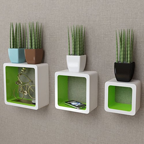 Vislone 3 Cubos Estanterías Flotante Estantería de Pared o Apilar en Suelo Almacenamiento Librerías de Salón Decoración del Hogar DM Blanco y Verde