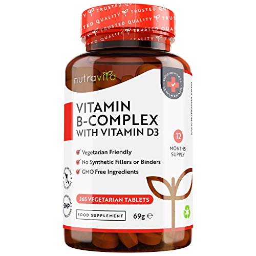 Vitamina B Complex con Vitamina D - 365 Tabletas Vegetarianos (Suministro para 365 Días) - Dosis Altas de 8 Formas de Vitaminas B y Vitamina D3 - Elaborado en el Reino Unido por Nutravita