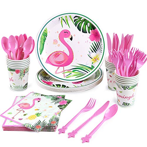 WERNNSAI Juego de Vajilla Flamenco - Artículos para fiestas para Niña Cumpleaños Baby Shower Servilletas Cubiertos Platos Tazas Horquillas Cuchillos Cucharas Sirve 16 Invitados 96 Piezas