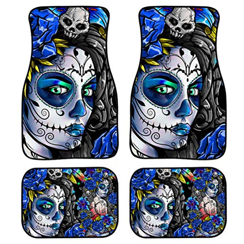 WFLOV Día de los Muertos, Alfombrillas góticas de Calavera para Coche para Mujeres y niñas, 4 Piezas/Juego de alfombras Lavables y alfombras para el Frente y la Espalda