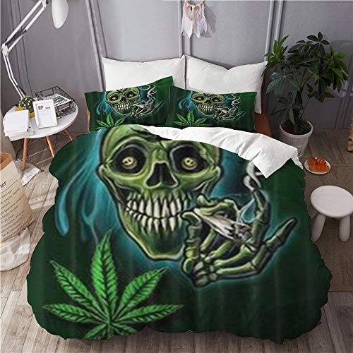 XINGAKA Funda nórdica Estampada，Hoja de Marihuana Weed Cool Skull，Conjunto de Ropa de Cama de poliéster de 3 Piezas 135 * 200cm