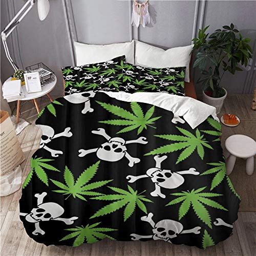 XINGAKA Funda nórdica Estampada，Marihuana Weed Skull Crossbones Negro，Conjunto de Ropa de Cama de poliéster de 3 Piezas 240 * 260cm