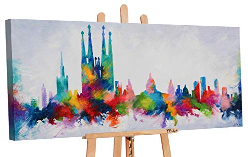 YS-Art | Cuadro Pintado a Mano Barcelona Colors | Cuadro Moderno acrilico | 115x50 cm | Lienzo Pintado a Mano | Cuadros Dormitories | único | único