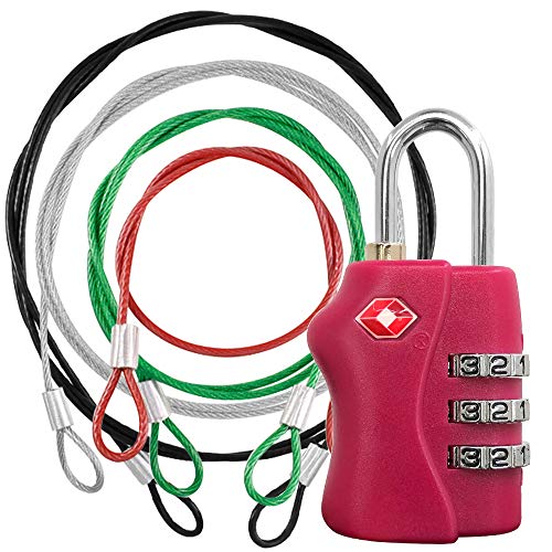 YuCool TSA Candado aprobado y 4 colores de seguridad de acero inoxidable, combinación de 3 diales para equipaje de viaje con cable de seguridad para proteger tus diferentes tamaños de bolsas,equipaje