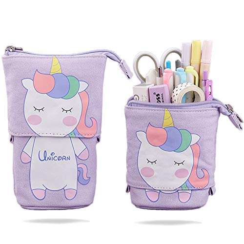 YUIP Estuche Vertical Lapices Unicornio Bolsa de Lápices Lona Telescópica Pop up Pencil Case para Niñas con Cremallera Dibujos Animados Lindos Multifunción para Estudiantes Escolares Niños(Morado)