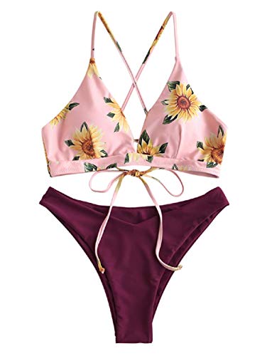 ZAFUL Conjunto de Bikini con Relleno Push Up Triangular Busto Ajustable con Tirantes Cruzados Traseros Estampado Talle Bajo (Margarita-Morado, L)