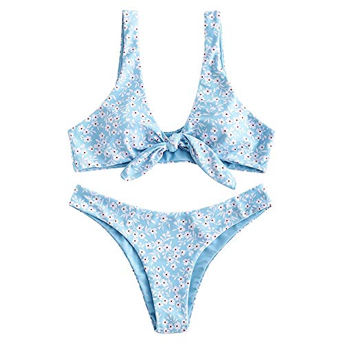 ZAFUL - Conjunto de bikini para mujer, diseño de flores, cintura baja, nudo delantero, dos piezas azul celeste S