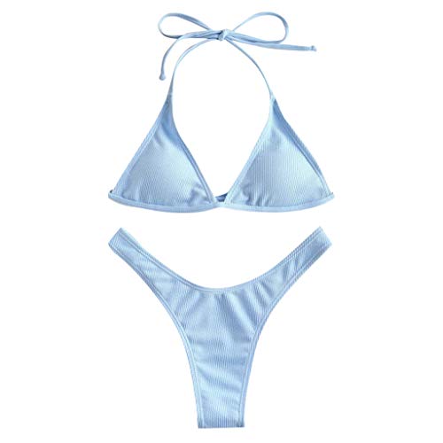 ZYZS Bikini para mujer de un solo color, acolchado, talle bajo, tanga impreso, bikini de dos piezas azul celeste S