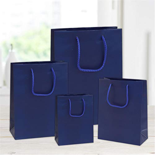 12 bolsas de papel plastificado mate azul. Dimensiones: 10 x 6,5 x 12 cm.