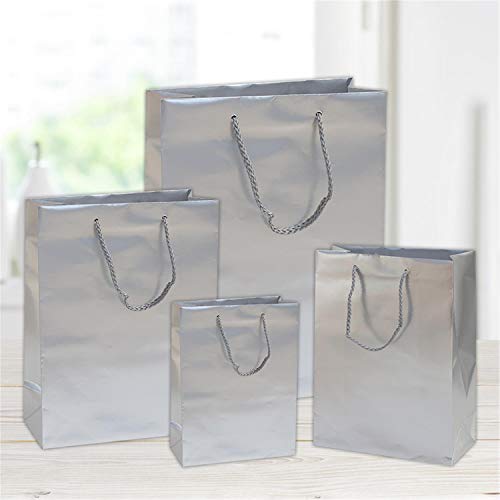 12 bolsas de papel plastificado mate plateado. Dimensiones: 36 x 12 x 41 cm.