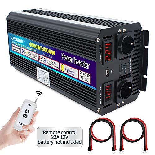 15% Discount, Cantonape Inversor De Corriente 4000W/8000W, Transformador De 12v 230v, con 2 Toma Enchufe + 2 Pantalla LED Y Control Remoto inalámbrico, para Coche, Caravana, Barco, Cámping