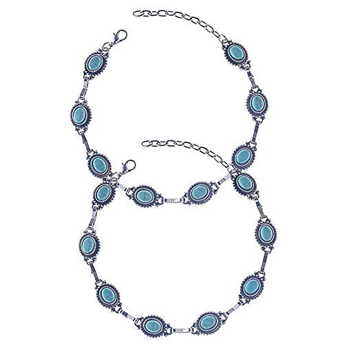 2 Piezas Estilo Boho para Mujer Tobilleras Encanto Ajustable Plata con Cadena de pie Turquesa Cadena de Tobillo Plata, pie Azul joyería para Mujeres Chica, Caja de Regalo Libre de níquel (23-28cm)