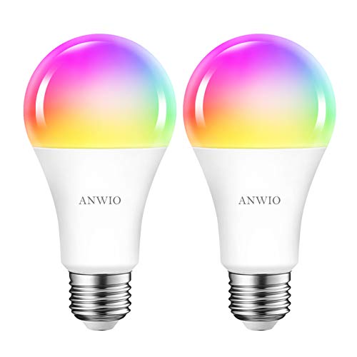 2x 12W Bombillas Inteligentes LED E27 RGB WiFi y Bluetooth, A70 Equivalente a 100W, 1521 Lúmenes, Funciona con Alexa, Google Home y Smart Life, ANWIO.