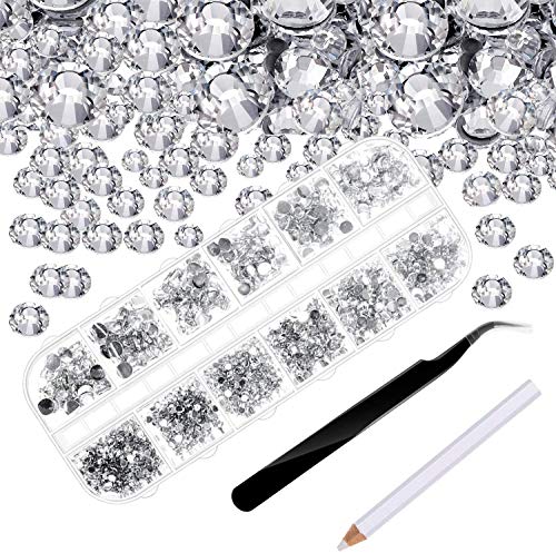 4000 Piezas de Diamantes de Imitación de Espalda Plana de Vidrio Hot Fix Gemas Cristales Redondas 1,5-6 MM en Caja de Almacenamiento con Pinzas y Bolígrafos de Diamantes(Transparente)