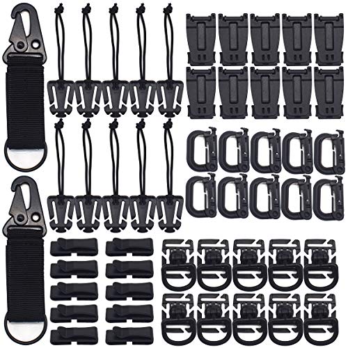 Accesorios Tácticos Molle,RoadLoo 52 Pcs Multiusos Tactical Gear Clip Set Llaveros Molle,Clip de Tubo de Agua con D Bloqueo Web Dominators con Cuerda Elástica para Bolsas Tácticas Mochila y Chaleco