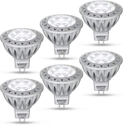 AGOTD MR16 GU5.3 12V Bombilla LED 7 Watt Blanco Frío, No Parpadeo, Alta Compatibilidad, Alto Brillo, GU5.3 Socket, Aluminio, 50W Luz halógena Equivalente, 560LM, 38 ° Deg, 6000K, Paquete de 6 Unidades