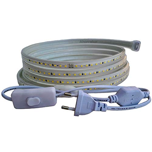 Ahorraluz Tira 220v 2835 120 Led/m Alta LUMINOSIDAD, con Interruptor. Impermeable Frío Cálido Waterproof IP67 Strip (Blanco Neutro, 2,5M), 27.5 W