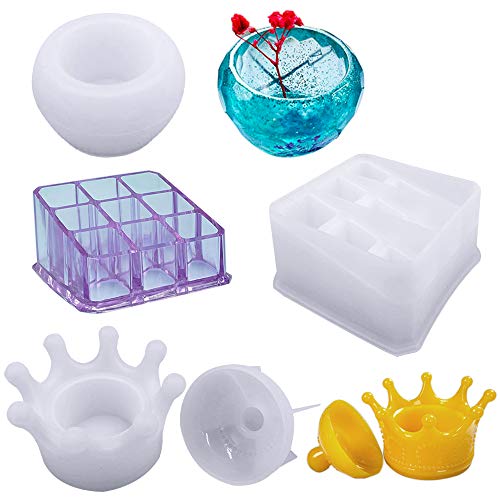 AIFUDA - 3 moldes de resina de silicona, caja de almacenamiento de silicona con 9 ranuras, caja de almacenamiento de joyería de corona y molde de taza grande para hacer manualidades y caja de resina