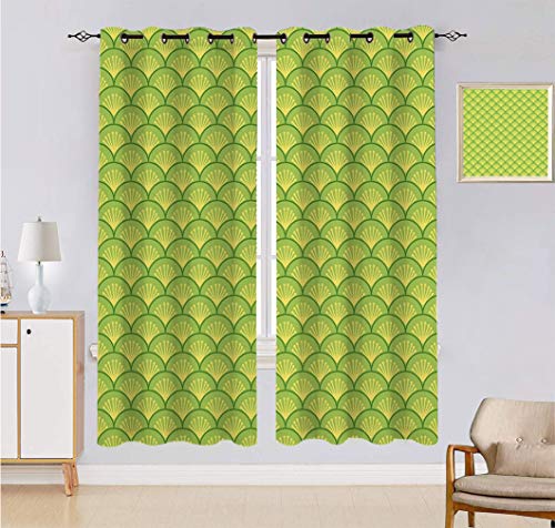 Alandana Cortinas opacas verdes, diseño tradicional japonés, floral, decoración de habitación, 2 paneles, cada panel de 54 pulgadas de ancho x 84 pulgadas de largo, verde helecho amarillo pálido