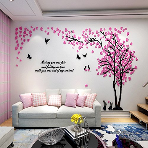 Alicemall Vinilo Árbol Adhesivo 2.87*1.5m Pegatinas Pared con Hojas Rosa Derecho Decoracion Hogar para Sala de Estar Salon Tatuajes Pared Acrilico