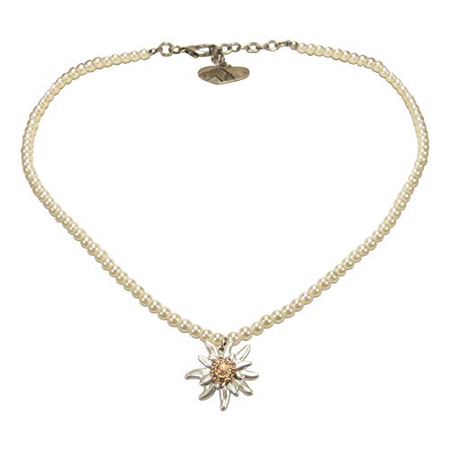 Alpenflüstern Greta DHK271 - Collar de perlas para traje tradicional tirolés con flor de las nieves y brillantes, color crema y blanco