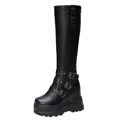 Altas Las Rodillas Botas para Mujer De Cuero De Tacón Alto Plataforma de cuña Largo Botas Moda Casual con Hebilla Botas A Media Pierna,Negro,38 EU