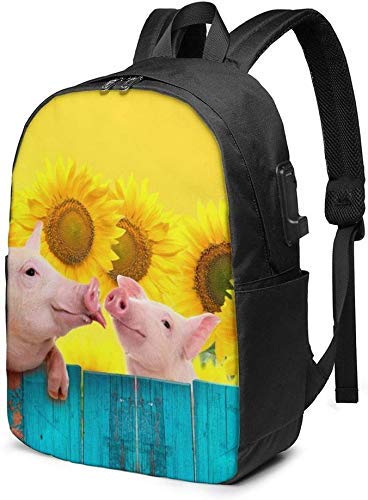 AOOEDM Funny Pigs Colgando de una Valla y Girasoles Mochila para computadora portátil Mochilas de Viaje de Negocios de 17 Pulgadas Mochilas Escolares Mochilas de Moda y duraderas con Puerto de Carga