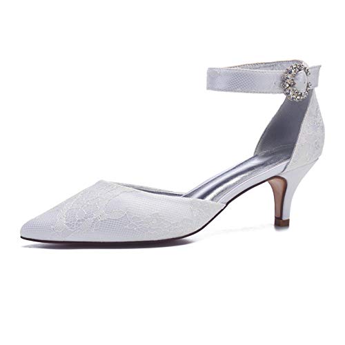 AQTEC Zapatos de Tacón Alto para Mujer Puntiagudos Cordón satén Zapatos de Boda de tacón bajo con Correa en el Tobillo Zapatos de Novia de Salon Sandalias,Blanco,40 EU