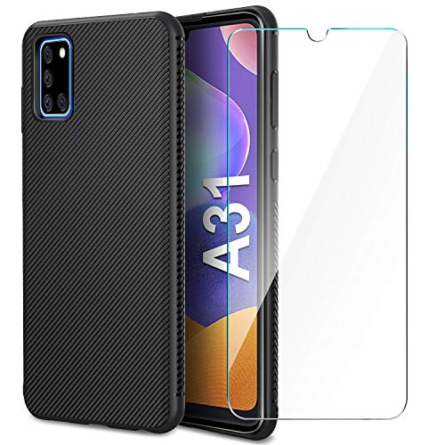 AROYI Funda Compatible con Samsung Galaxy A31 y Protector Pantalla Cristal Templado, Silicona Slim Suave TPU Bumper Case Cover Anti-arañazos Antigolpes Case - Negro