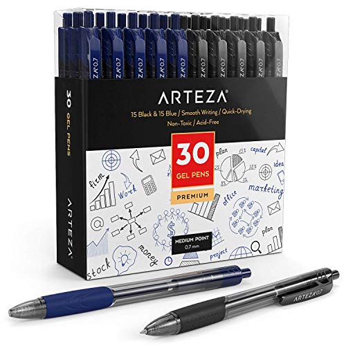ARTEZA Bolígrafos de gel retráctiles | Juego de 30 bolígrafos (15 negros + 15 azules) | Tinta gel de secado rápido | Ideales para tomar notas, diarios personalesdibujar