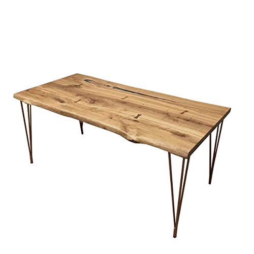 Barnes Mesa de comedor industrial estilo rústico con patas de horquilla. Madera maciza de roble con borde vivo