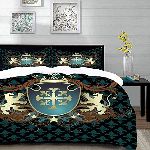 Bedding Juego de Funda de Edredón,Microfibra -Diseño medieval, heráldico de la Edad Media Escudo de armas Corona L - Funda de Nórdico y Fundas de Almohada - (Cama 150 x 200cm + Almohada 63X63cm)