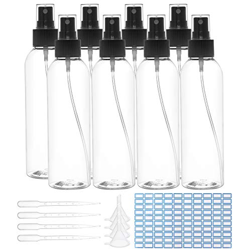 BENECREAT 8 Pack 200ml Botellas Transparentes de Pulverización Fina con Atomizador Negro Botellas de Viaje de Plástico Vacías con Pipetas Embudos y Etiqueta para Líquido