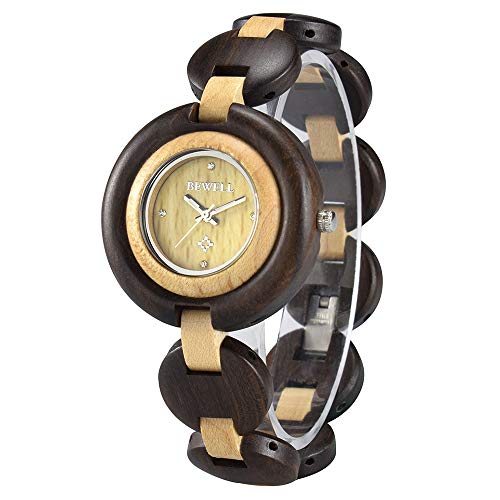 BEWELL Reloj Mujer Madera Analógico Cuarzo Japonés con Correa de Madera Redondo Luminosidad Function Casual Relojes de Pulsera (Rojo & Beige)